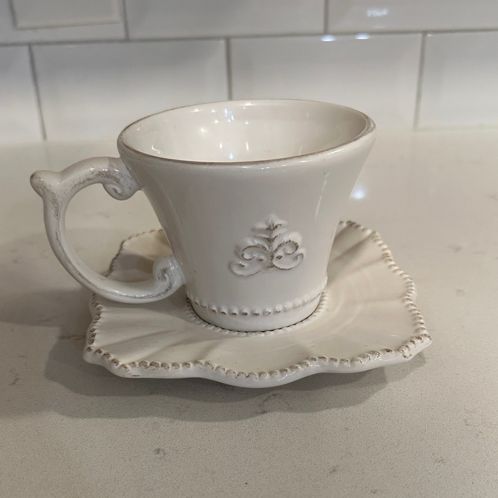 Anthropologie White Teacup and Saucer Set